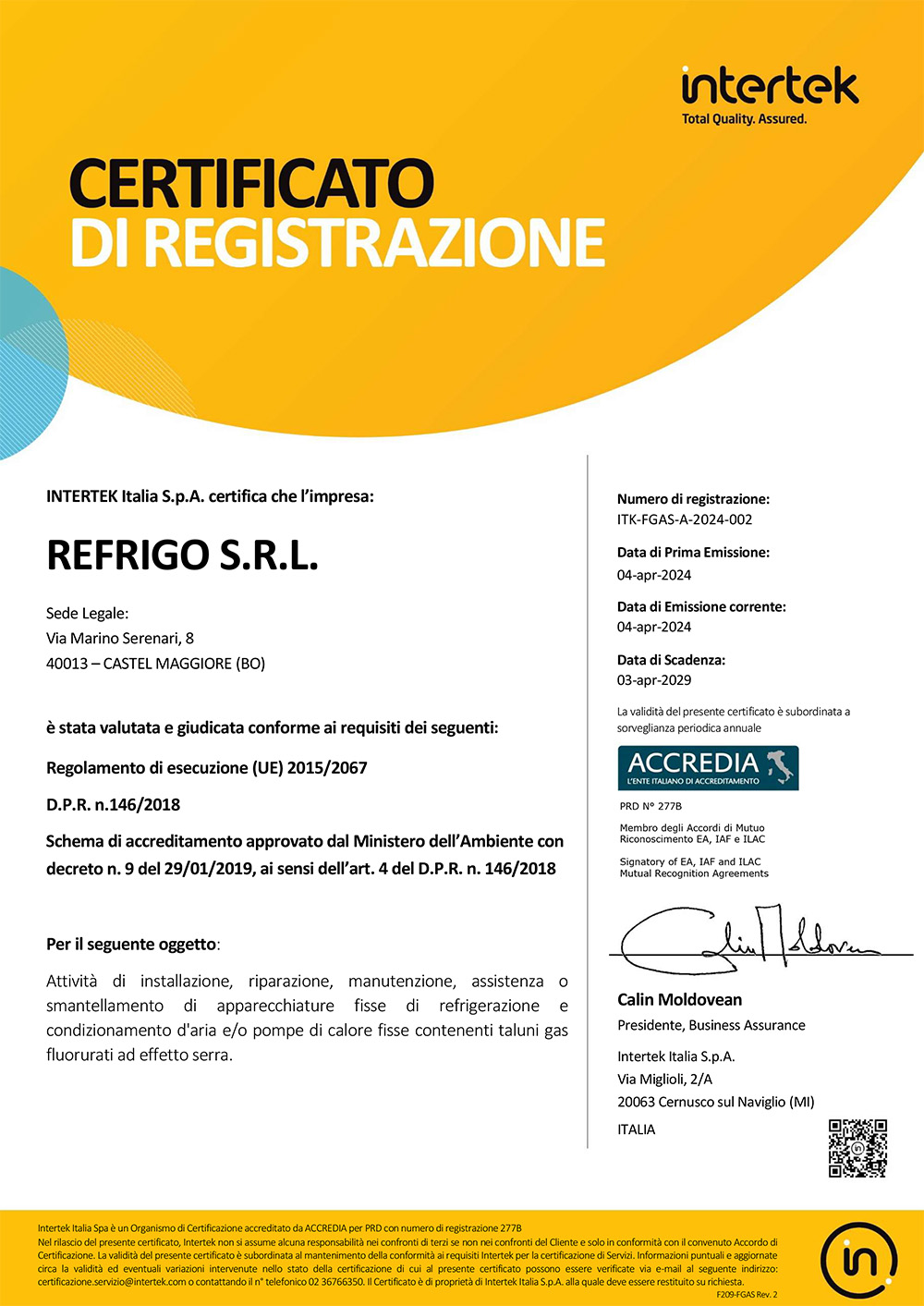 REFRIGO SRL Certificato